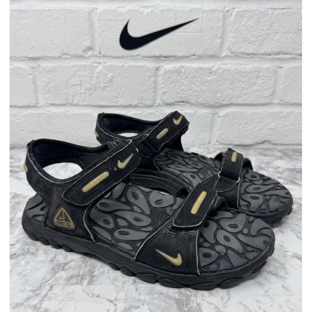 VTG 🤑Y2k 2005 Nike ACG Air Deschutz Black Gold Strappy Hiking Sandals 10
